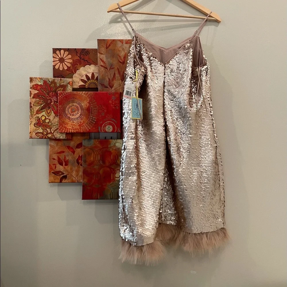 CECE Ostrich feather luxe gold sequin shift dress feather hem STUNNING NWT (10)